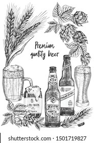 Set hand drawn sketch bottle and glasses beer, hop, wheat Vintage design bar, restaurant, cafe menu on white background. Graphic vector art Creative template for flyer, banner, poster Engraving style