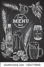 Set hand drawn sketch bottle and glasses beer, hop, wheat Vintage design bar, restaurant, cafe menu onon black chalk board background. Graphic vector art Creative template for flyer, banner, poster
