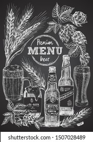 Set hand drawn sketch bottle and glasses beer, hop, wheat Vintage design bar, restaurant, cafe menu on black chalk board background. Graphic vector art Creative template for flyer, banner, poster