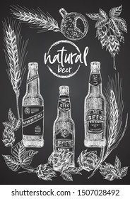 Set hand drawn sketch bottle and glasses beer, hop, wheat Vintage design bar, restaurant, cafe menu on black chalk board background. Graphic vector art Creative template for flyer, banner, poster