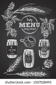 Set hand drawn sketch bottle and beer can, hop, wheat Vintage design bar, restaurant, cafe menu on black chalk board background. Graphic vector art Creative template for flyer, banner, poster