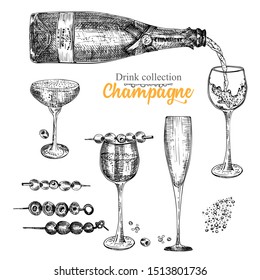 Set hand drawn sketch bottle and glasses champagne, Vintage design bar, restaurant, cafe menu on white background. Graphic vector art Creative template for flyer, banner, poster Engraving style