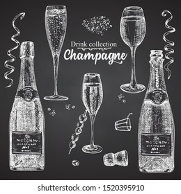 Set hand drawn sketch bottle and glasses champagne on black chalckboard, Vintage design bar, restaurant, cafe menu on white background. Graphic vector art Creative template for flyer, banner, poster