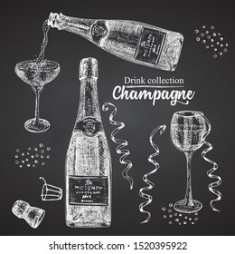 Set hand drawn sketch bottle and glasses champagne on black chalckboard, Vintage design bar, restaurant, cafe menu on white background. Graphic vector art Creative template for flyer, banner, poster