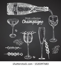 Set hand drawn sketch bottle and glasses champagne on black chalckboard, Vintage design bar, restaurant, cafe menu on white background. Graphic vector art Creative template for flyer, banner, poster