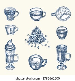 Set hand drawn sketch bottle and glasses for coffee drinks Vintage design bar, restaurant, cafe menu on white background. Creative template for flyer, banner, poster Engraving style Graphic vector art