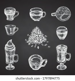 Set hand drawn sketch bottle and glasses for coffee drinks Vintage design bar, restaurant, cafe menu Chalkboard background. Creative template for flyer, banner, poster Engraving style vector art