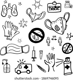Set hand drawn sketch by covid19. Doodle set of symbols for the disease coronovirus Covid19. Vector illustration on the theme of protection from the virus.
