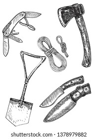 Set of hand drawn sketch camping equipment symbols and icons. Shovel, knives, ax, twine necessary tools for camping.