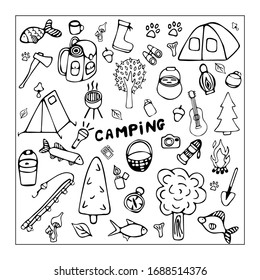 Set of hand drawn sketch camping equipment symbols and icons. Doodle elements, vector illustration. Set of outdoor elements.