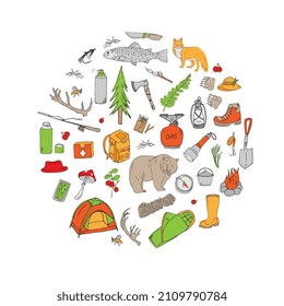 Set of hand drawn sketch camping and  travelling equipment symbols. Summer Adventure. Camping Tools.