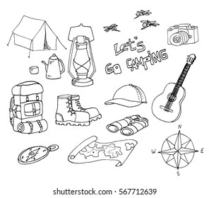 Set of hand drawn sketch camping equipment symbols and icons. Doodle elements, vector illustration. Set of outdoor elements.