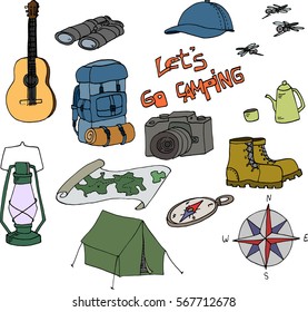 Set of hand drawn sketch camping equipment symbols and icons. Doodle elements, vector illustration. Set of outdoor elements.
