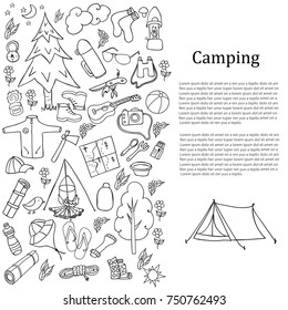 Set of hand drawn sketch camping equipment symbols and icons. Vector illustration