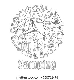 Set of hand drawn sketch camping equipment symbols and icons. Vector illustration