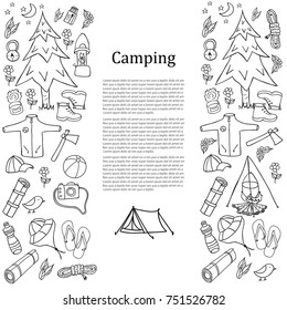 Set of hand drawn sketch camping equipment symbols and icons. Vector illustration
