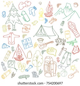 Set of hand drawn sketch camping equipment symbols and icons. Vector illustration