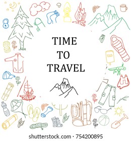 Set of hand drawn sketch camping equipment symbols and icons. Vector illustration