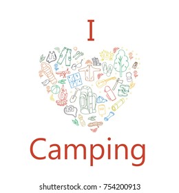 Set of hand drawn sketch camping equipment symbols and icons. Vector illustration