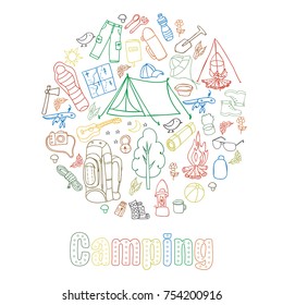 Set of hand drawn sketch camping equipment symbols and icons. Vector illustration