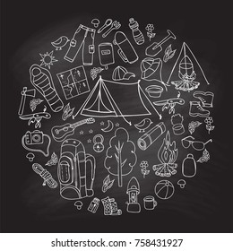 Set of hand drawn sketch camping equipment symbols and icons whis Chalkboard Effect. Vector illustration.