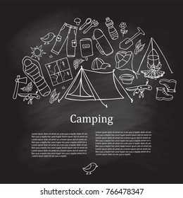 Set of hand drawn sketch camping equipment symbols and icons whis Chalkboard Effect. Vector illustration.