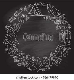 Set of hand drawn sketch camping equipment symbols and icons whis Chalkboard Effect. Vector illustration.