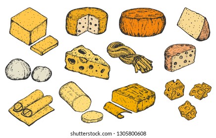 Set of hand drawn sketch cheese isolated on white background. Vector vintage retro illustration.