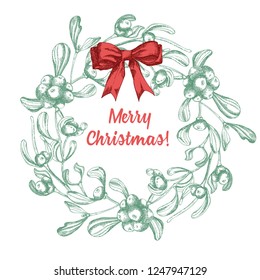 Set of hand drawn sketch Christmas traditional branch decoration with satin bow and text Kiss me under mistletoe. Vintage style. . For design holiday card, invitation, poster. Vector illustration