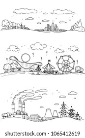 Set Of Hand Drawn Sketch Doodle City, Factory , Amusement Park And Buildings. Drawn In Black Ink On White Background