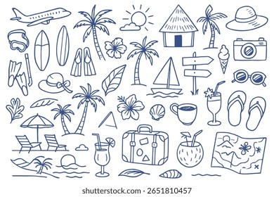 Set of hand drawn sketch doodle vacation travel tourism icons element isolated illustration seamless pattern for wallpaper summer theme and adventure time with relaxation lifestyle