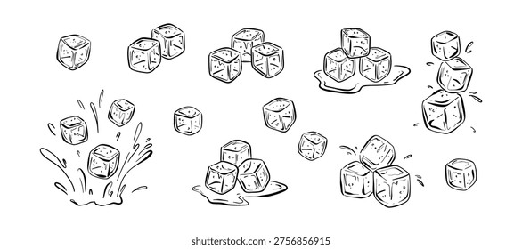 Set of hand drawn sketch doodle ice cube. Water frozen ice liquid splash crayon vector illustration. Outline line art icon. Sugar cubes dropping to the water, drink, cocktail. Summer bar background