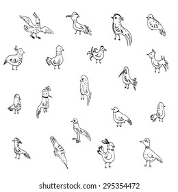 set of hand drawn sketch doodle birds