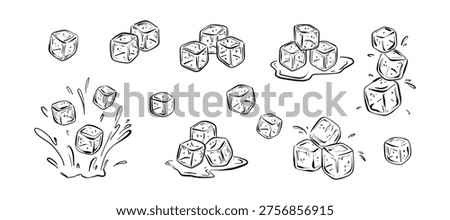Set of hand drawn sketch doodle ice cube. Water frozen ice liquid splash crayon vector illustration. Outline line art icon. Sugar cubes dropping to the water, drink, cocktail. Summer bar background