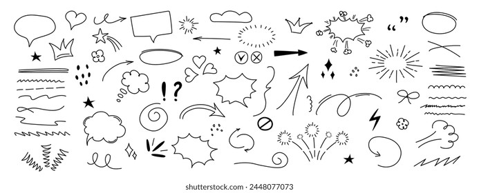 A set of hand drawn sketch elements including arrows, brush strokes, speech bubbles, explosions and redraws. Vector Illustration