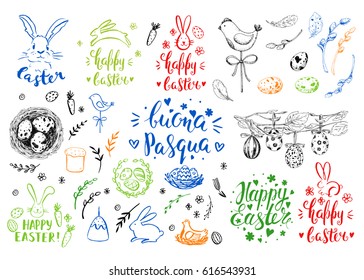 Set hand drawn sketch etching elements. Bunny, cake, willow, eggs, chicken. Modern calligraphy. Handwritten ink inscription Happy Easter. Brush lettering with rough edges. Colorful. 