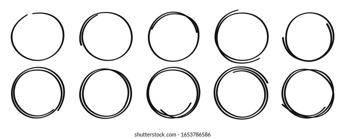 Set hand drawn sketch frame marker circles, rounds scribble line icons - stock vector