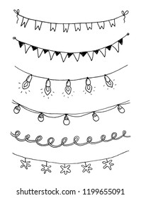 Set of hand drawn sketch garlands with flags and light bulbs. Vector illustration.