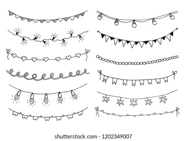 Set of hand drawn sketch garlands with flags and light bulbs. Vector illustration.