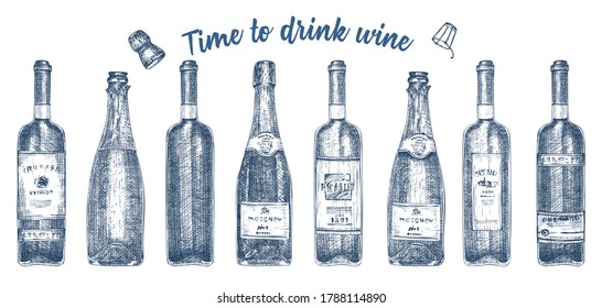 Set hand drawn sketch glasses bottle red wine, champagne on white background. Vintage vector design for bar, restaurant, cafe menu Engraving art for flyer, banner, poster Time to alcohol drinks