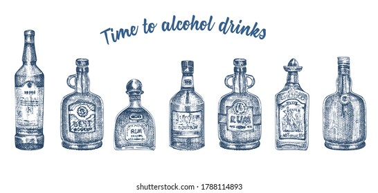 Set hand drawn sketch glasses bottle alcoholic drinks on white background Vintage vector design for bar, restaurant, cafe menu Engraving art style for flyer, banner, poster Time to rum, whiskey, vodka