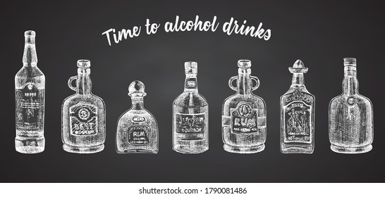 Set hand drawn sketch glasses bottle alcoholic drinks on chalckboard background Vintage vector design for bar, restaurant, cafe menu, flyer, banner, poster Engraving style Time to rum, whiskey, vodka