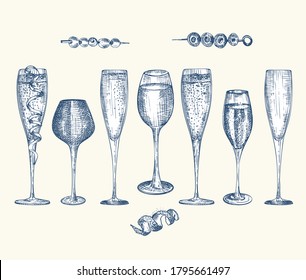 Establecer gafas de boceto dibujadas a mano para bebida alcohólica Champagne Bar de diseño Vintage, restaurante, menú café sobre fondo blanco Estilo de grabado Vector gráfico Plantilla creativa para volante, pancarta, afiche