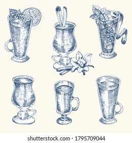 Poner gafas de sketch a mano para la bebida alcohólica navideñaBar de diseño de vino tinto, restaurante, menú de café con fondo blanco. Plantilla creativa para volante, afiche Estilo grabado arte vectorial