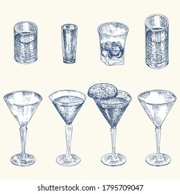 Establecer gafas de sketch dibujadas a mano para bebida alcohólica Champagne, whiskey Vintage design bar, restaurant, menú de café sobre fondo blanco Estilo de grabado Vector plantilla creativa para volante, banner, afiche