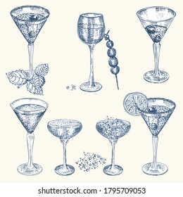 Establecer gafas de boceto dibujadas a mano para bebida alcohólica Champagne Bar de diseño Vintage, restaurante, menú café sobre fondo blanco Estilo de grabado Vector gráfico Plantilla creativa para volante, pancarta, afiche