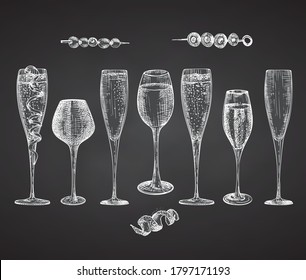 Establecer gafas de sketch dibujadas a mano para bebida alcohólica Champagne Bar de diseño Vintage, restaurante, menú cafetería Fondo de Chalkboard Estilo de grabado Vector gráfico Plantilla creativa para volante, pancarta, afiche