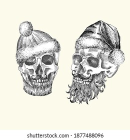 Set Hand drawn sketch human skull with santa hat and fur scarf. Black graphic Engraving art isolated on white background. Alternative Christmas and New Year vintage style. Vector illustration