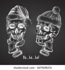 Set Hand drawn sketch human skull with santa hat and fur scarf. Chalk graphic Engraving art isolated on chalkboard background. Alternative Christmas and New Year vintage style. Vector illustration