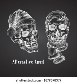 Set Hand drawn sketch human skull with santa hat and fur scarf. Chalk graphic Engraving art isolated on chalkboard background. Alternative Christmas and New Year vintage style. Vector illustration